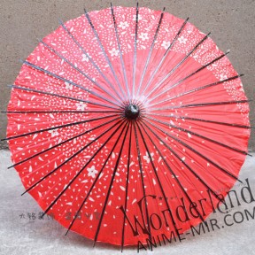 Бумажный Японский зонтик (красный с маленькими цветами сакуры и вихрем из лепестков) / Japanese umbrella